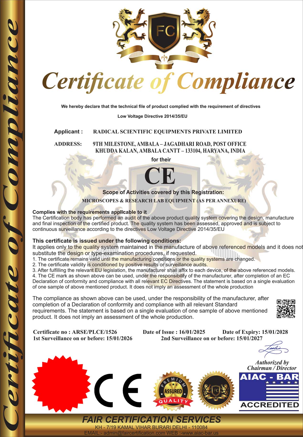 Certificate -Radical Scientific - View 1