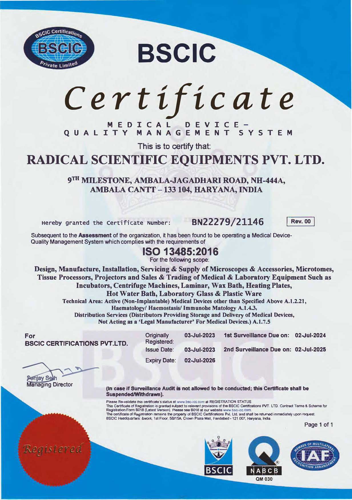 Certificate -Radical Scientific