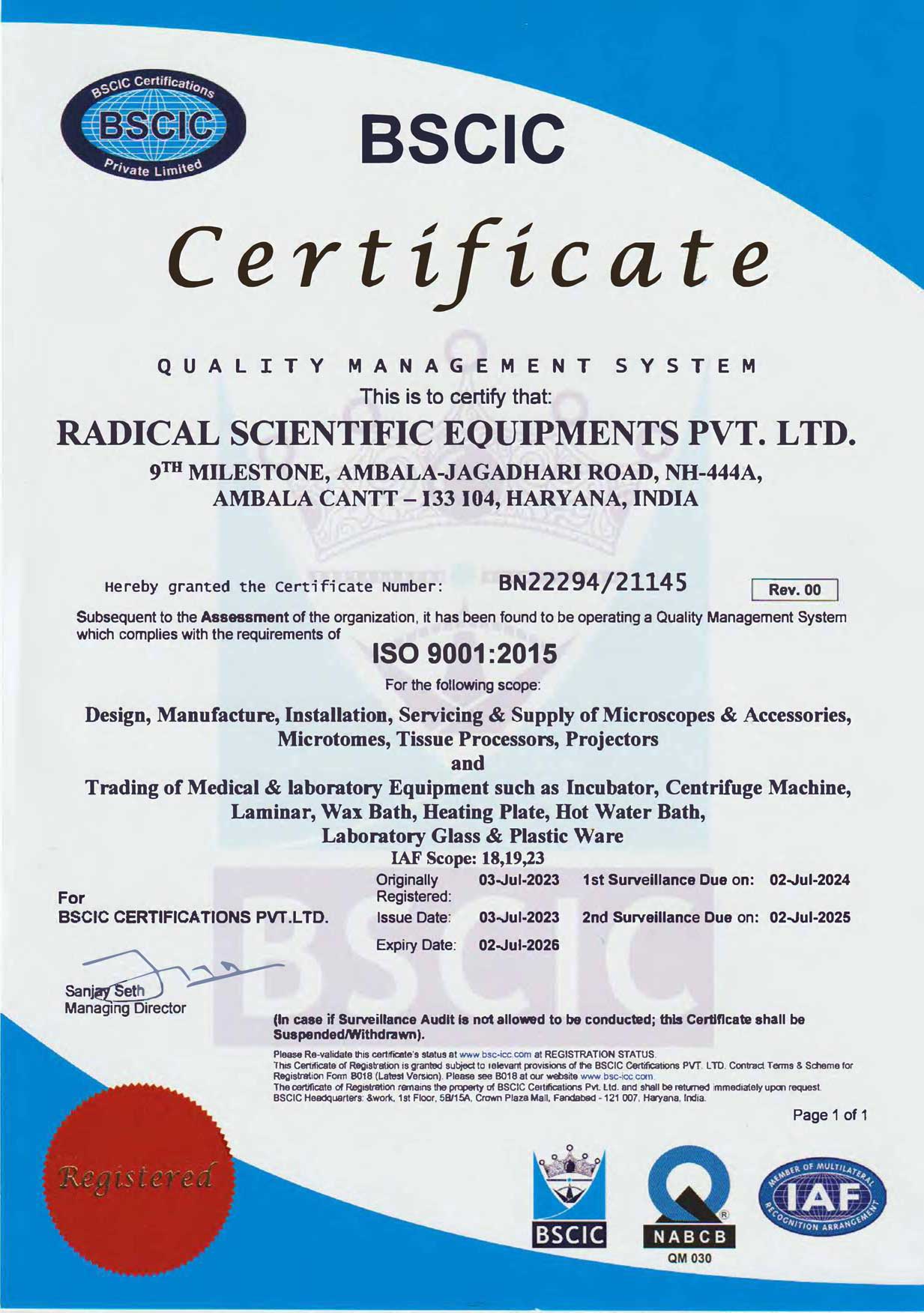 Certificate -Radical Scientific