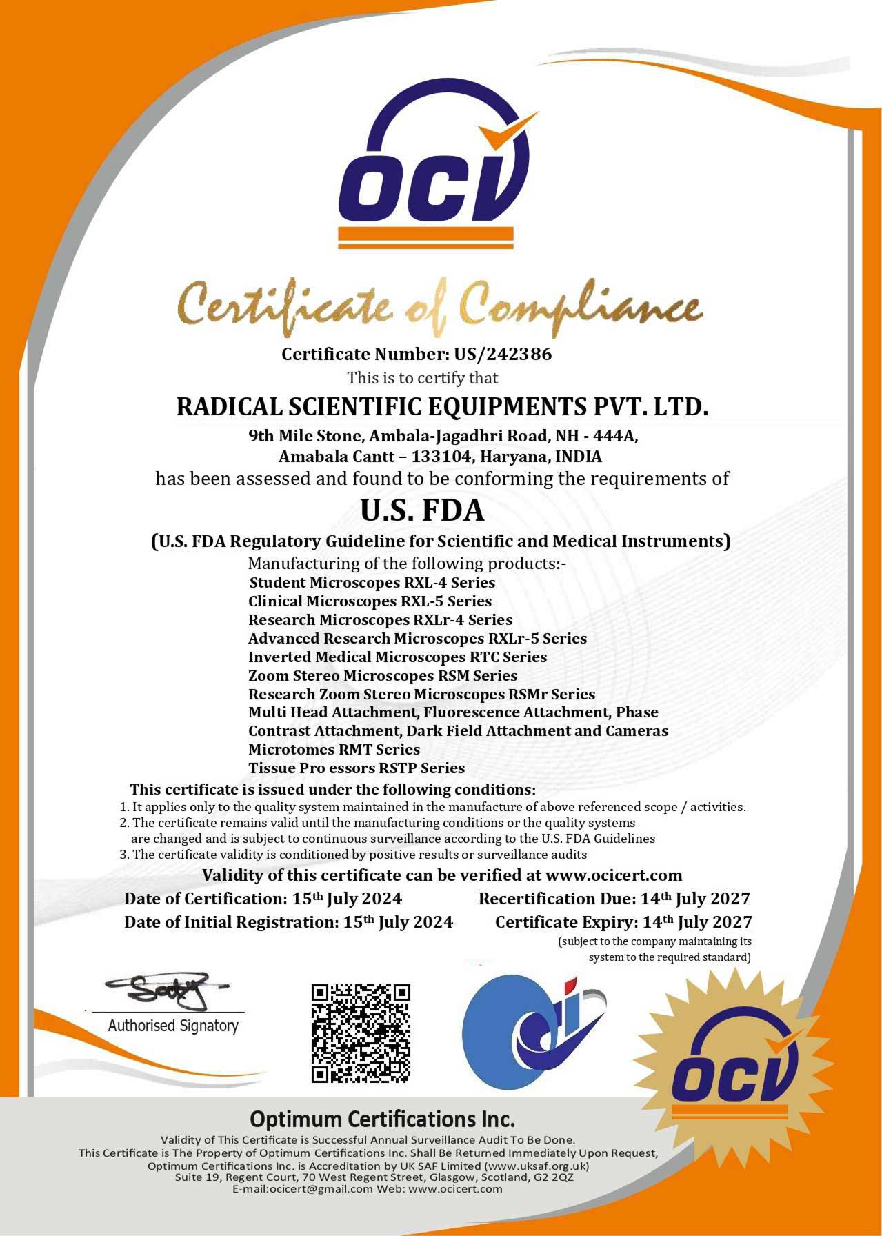 Certificate -Radical Scientific