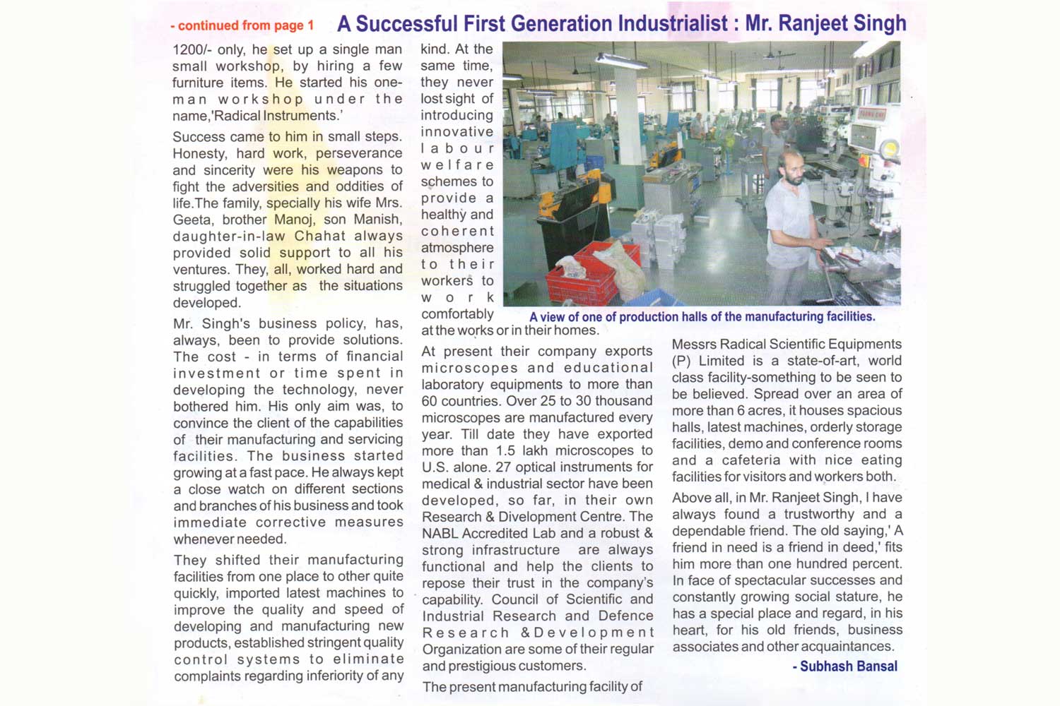 Magazine feature on Chairman Mr. Ranjeet Singh, April-May 2019 (continued)