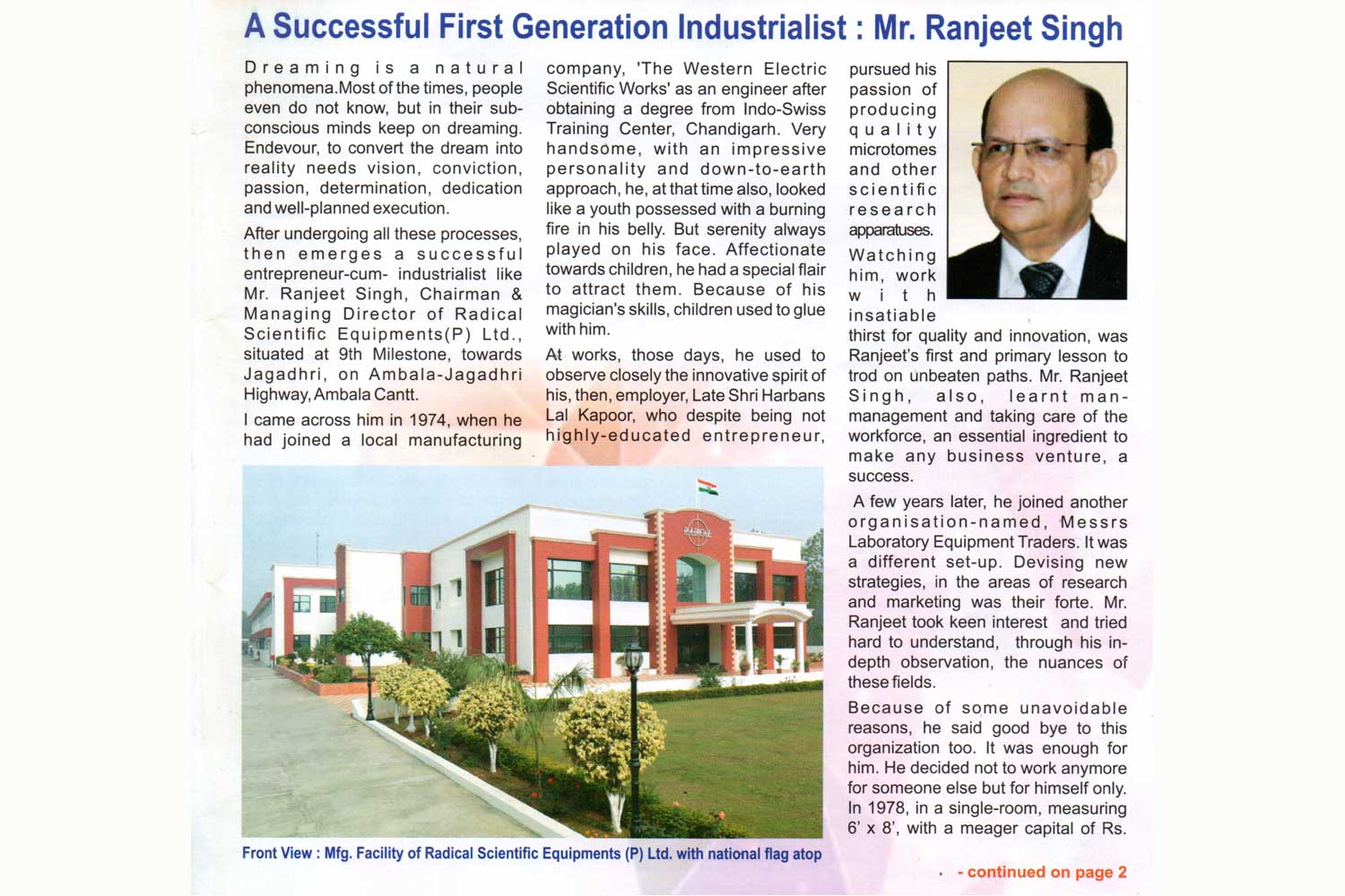 Magazine feature on Chairman Mr. Ranjeet Singh, April-May 2019